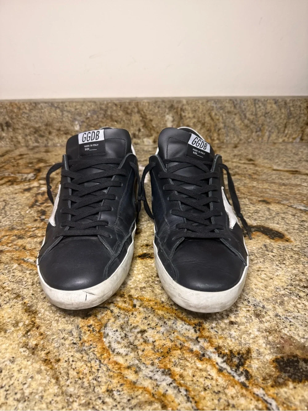 Golden Goose Super Star - Black Leather Low-Top Sneaker with White Star, size 45
